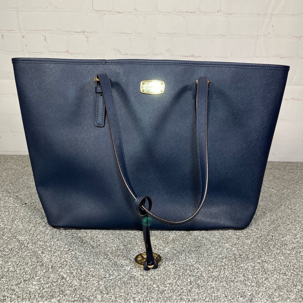 Authentic Michael Kors Jet Set Saffiano Leather Tote Bag Large Navy Blue Travel